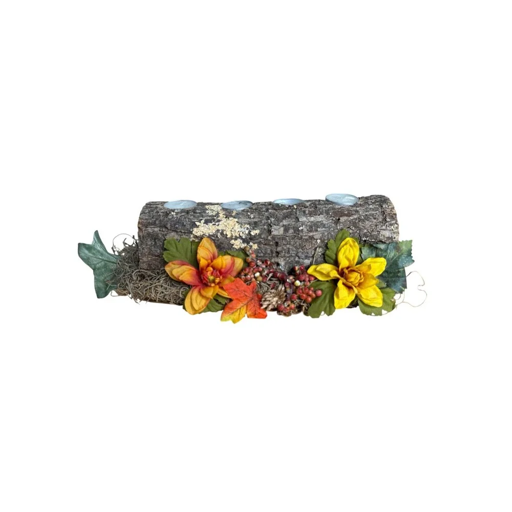 Rustic Fall Log Tealight Candle Holder Floral Centerpiece Farmhouse 13 Inch